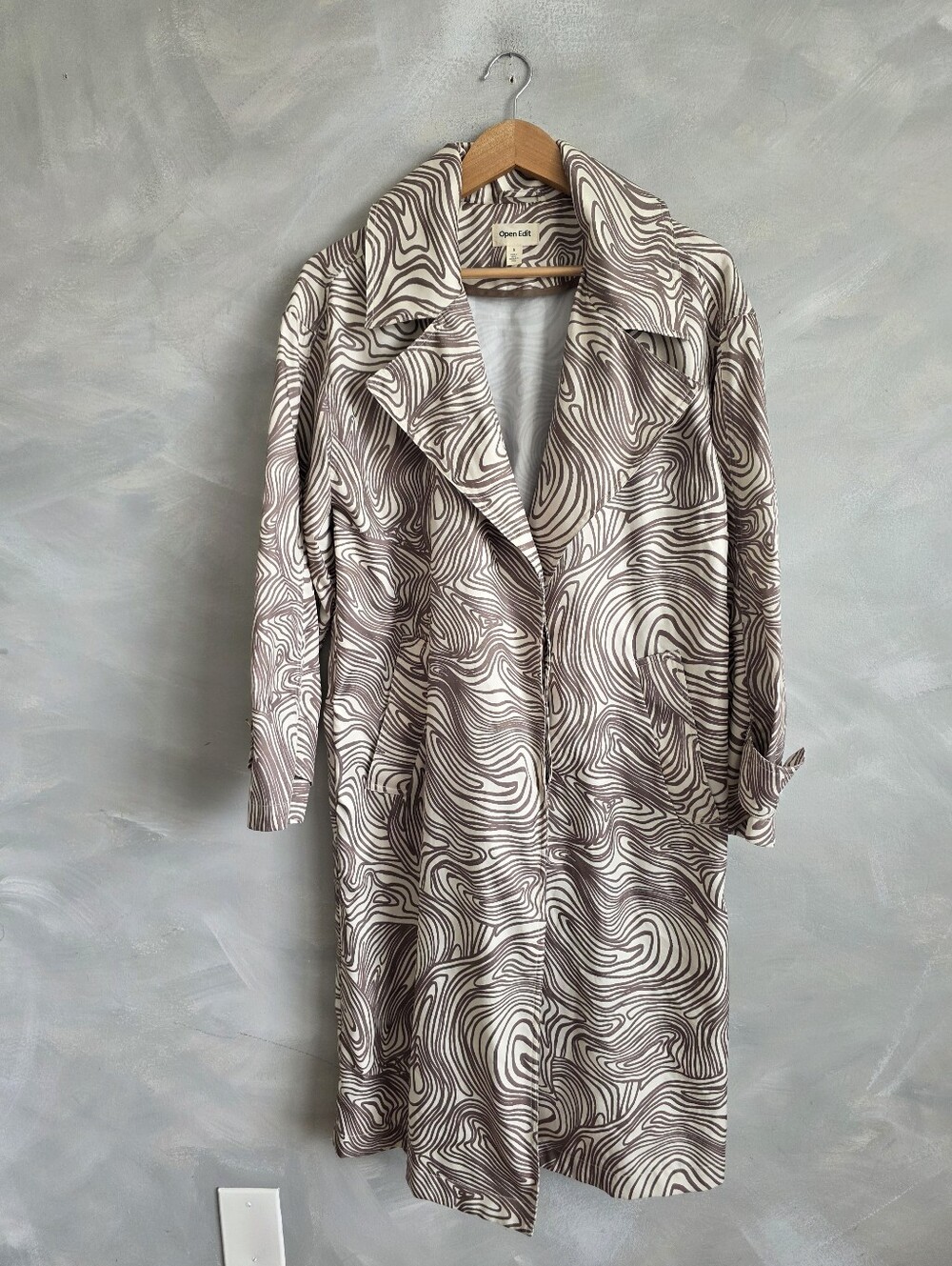 Open Edit Brown and Cream Swirl Abstract Print Midi Trench Jacket Sz S Polyester